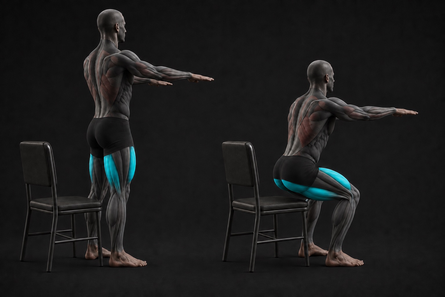 Three-quarter view of an anatomical exercise figure standing tall immediately in front of a chair, with both feet flat.