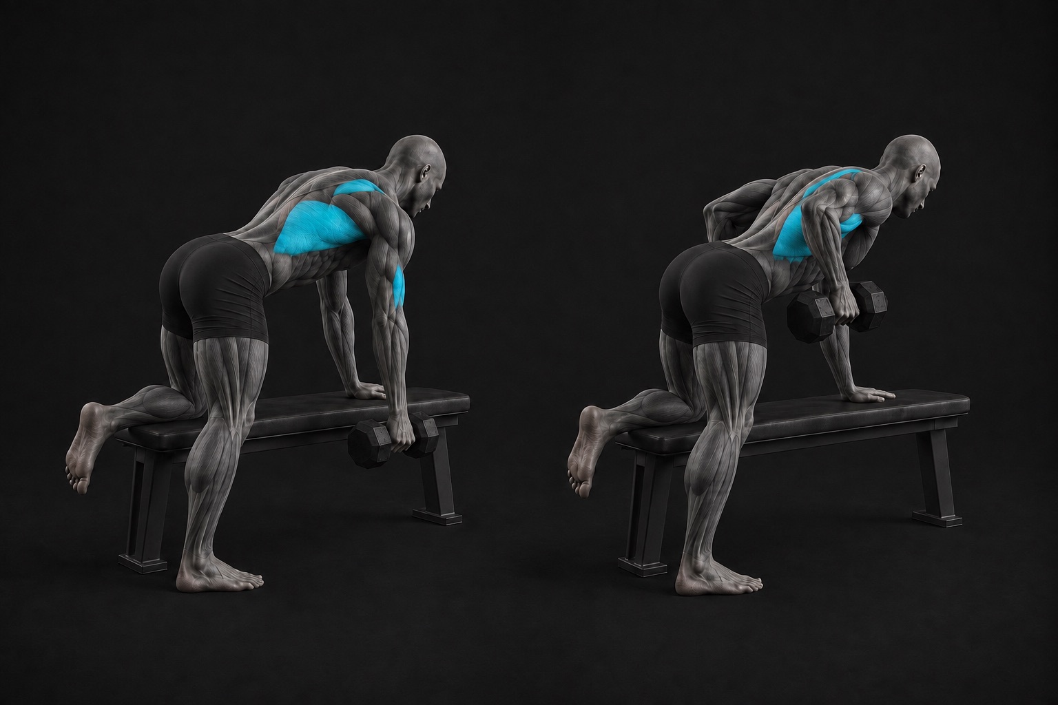 Two anatomical images showing the start and finish of a supported dumbbell row, with working muscles in teal